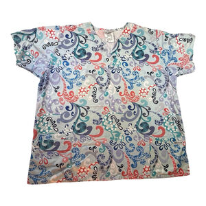 UA Scrubs Top Womens 2X Colorful Paisley Medical Uniform Nurse V Neck Plus Size